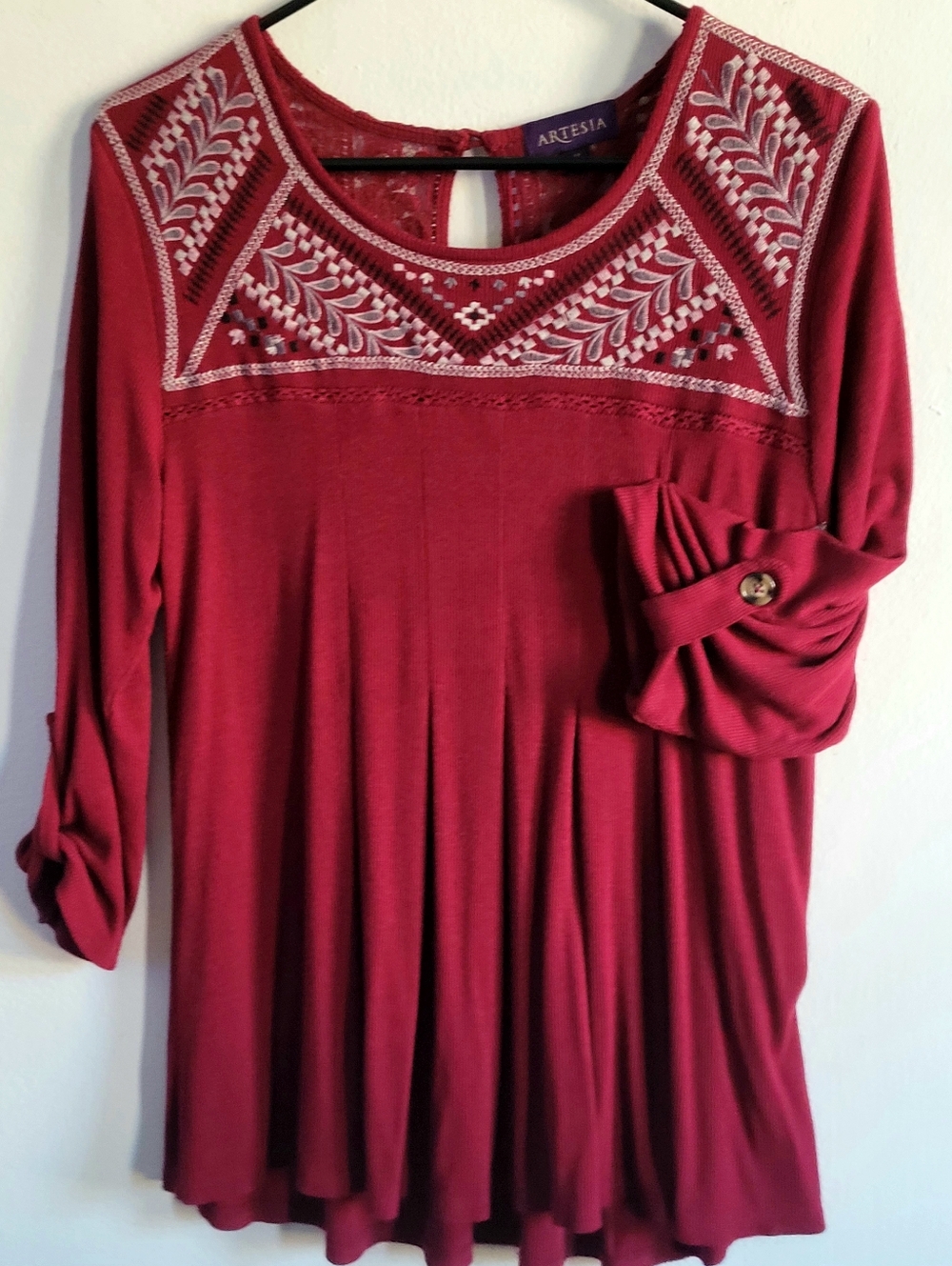 Aritzia Wine Red Embroidered Yoke Tunic